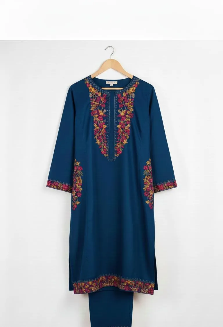 Turquoise Embroidered Women's Stitched Shirt and Trouser Set - 2 Pcs