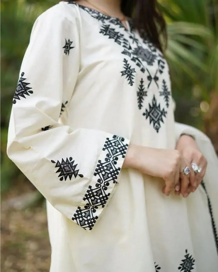Women Linen Embroidered Shirt Trouser Set White 2Pcs Medium to XXL