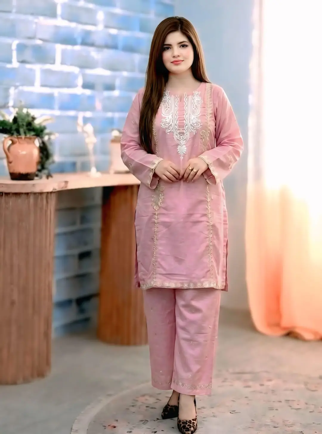 2 Pcs Women's Stitched Lawn Embroidered Shirt And Trouser