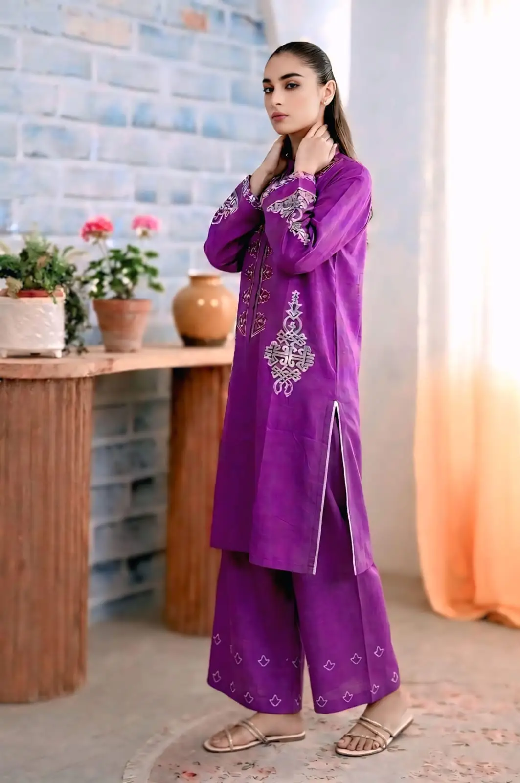 2 Pcs Women's Stitched Lawn Embroidered Shirt And Trouser