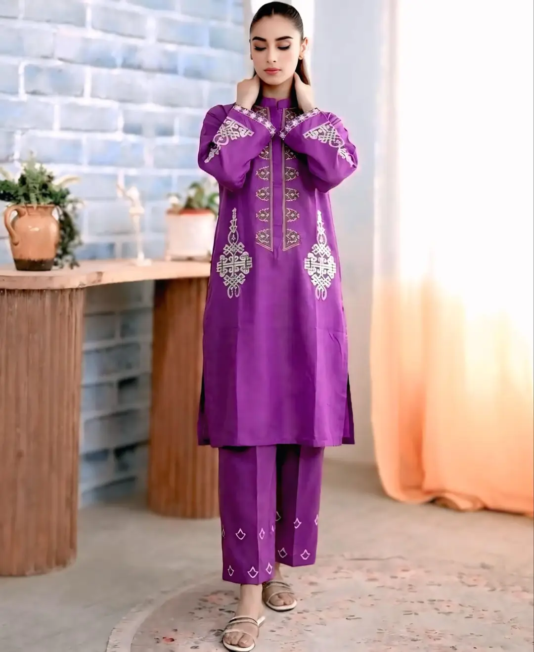 2 Pcs Women's Stitched Lawn Embroidered Shirt And Trouser