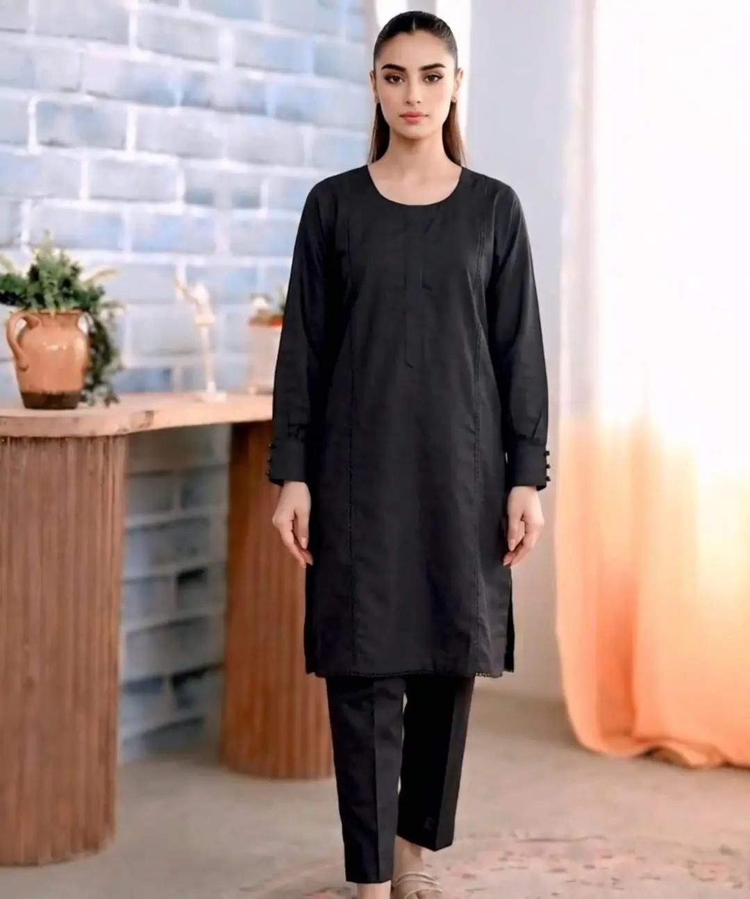2 Pcs Women's Stitched Lawn Plain Shirt And Trouser