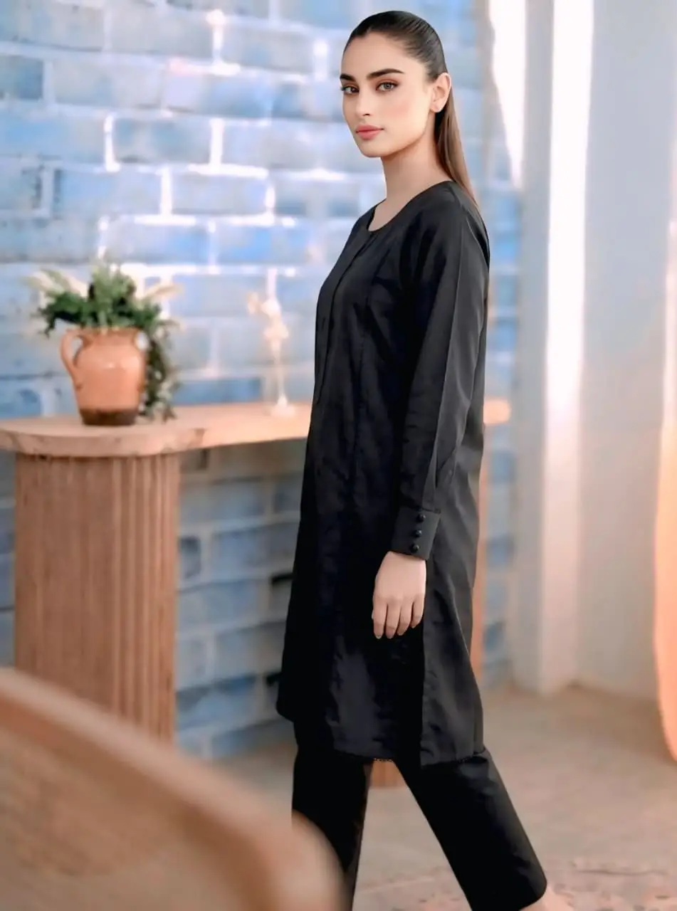 2 Pcs Women's Stitched Lawn Plain Shirt And Trouser