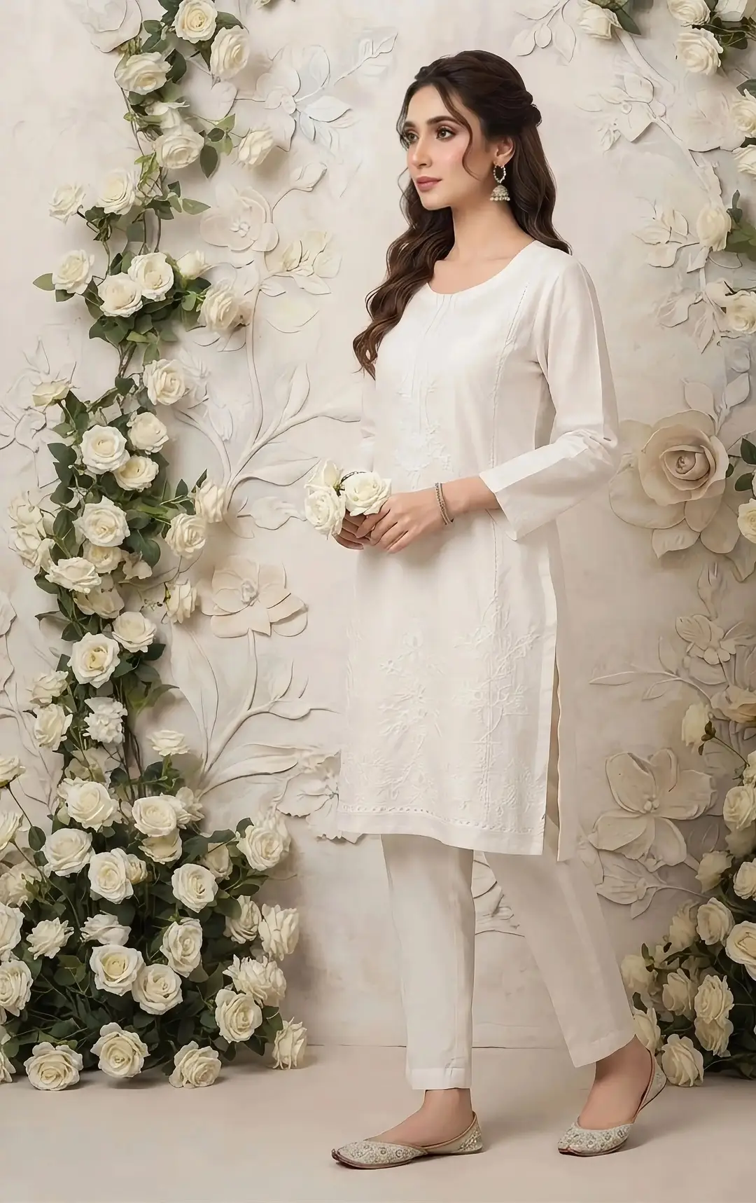 2 Pcs Women's Stitched Cotton Embroidered Shirt And Trouser