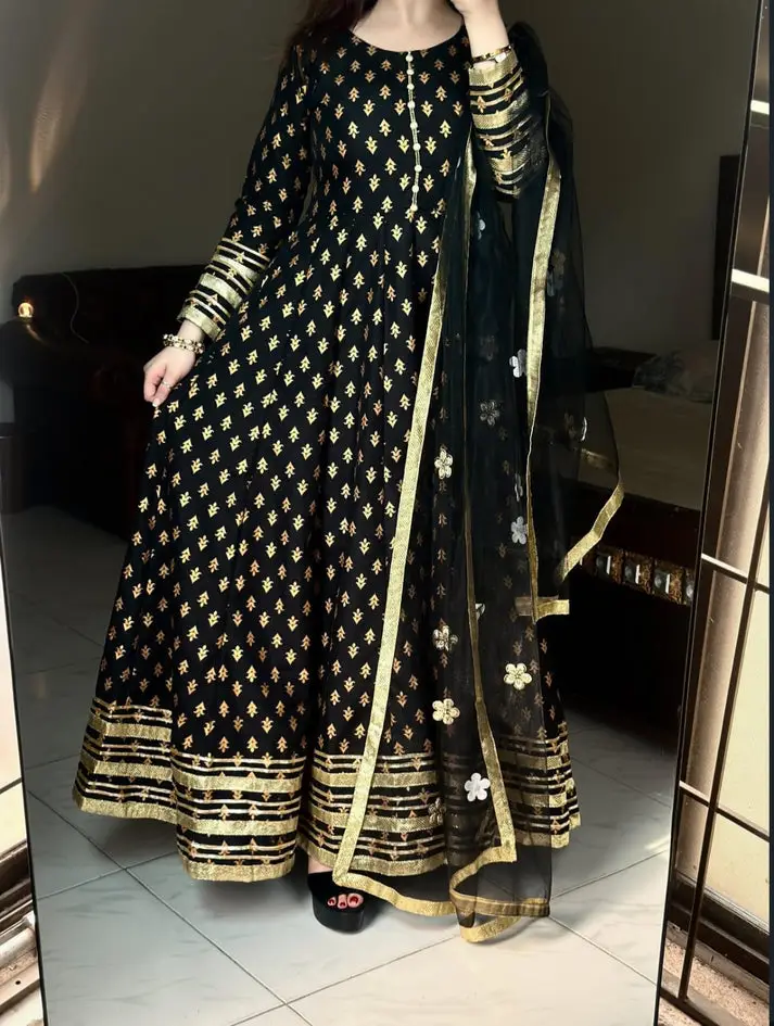 2 Pcs Women's Stitched Silk Printed Frock And Trouser