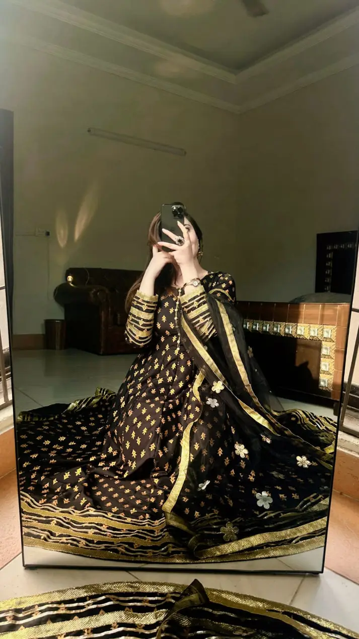 2 Pcs Women's Stitched Silk Printed Frock And Trouser