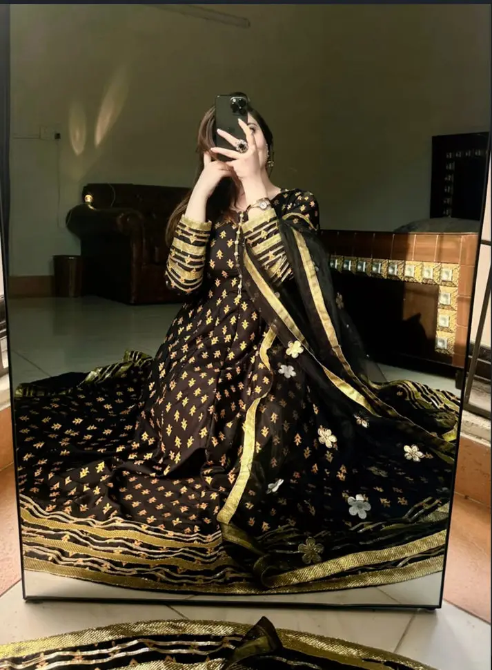 2 Pcs Women's Stitched Silk Printed Frock And Trouser