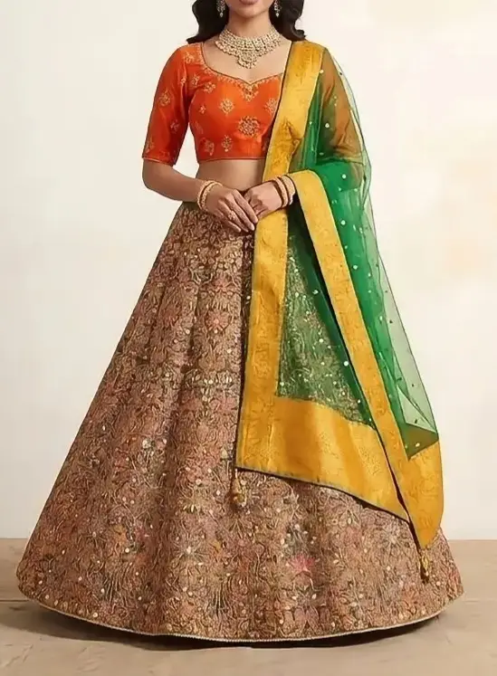 3 Pcs Women's Stitched Raw Silk Printed Lehenga Choli