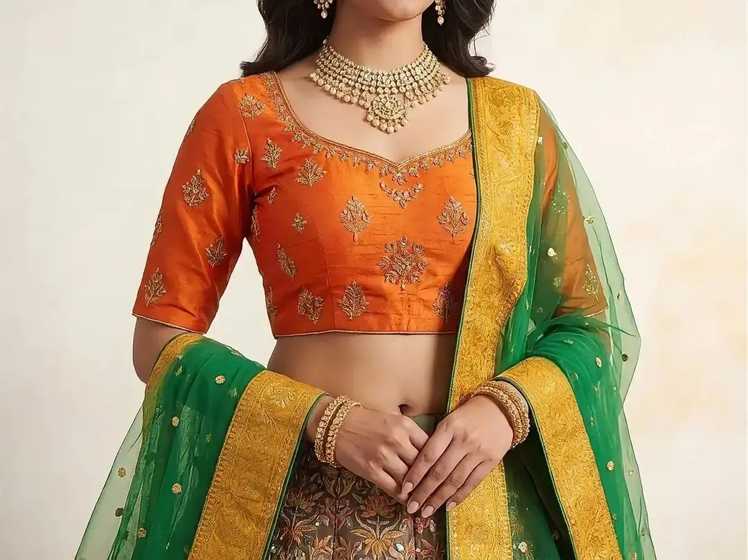 3 Pcs Women's Stitched Raw Silk Printed Lehenga Choli