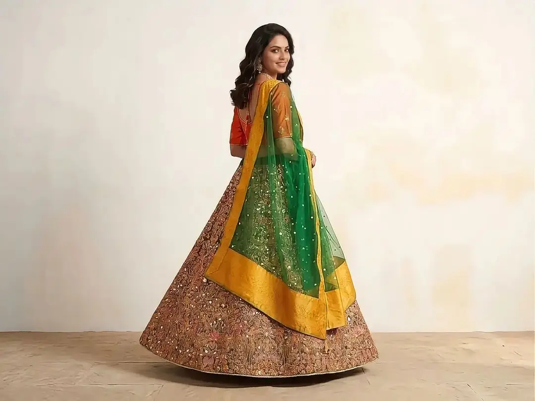 3 Pcs Women's Stitched Raw Silk Printed Lehenga Choli