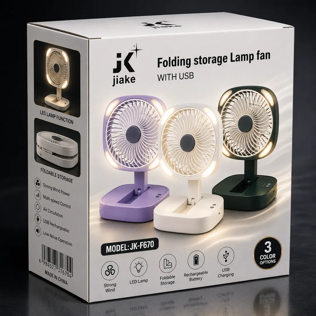 Rechargeable Foldable Storage Fan with LED Light – USB Charging Portable Desk Fan 3 Speed Adjustable