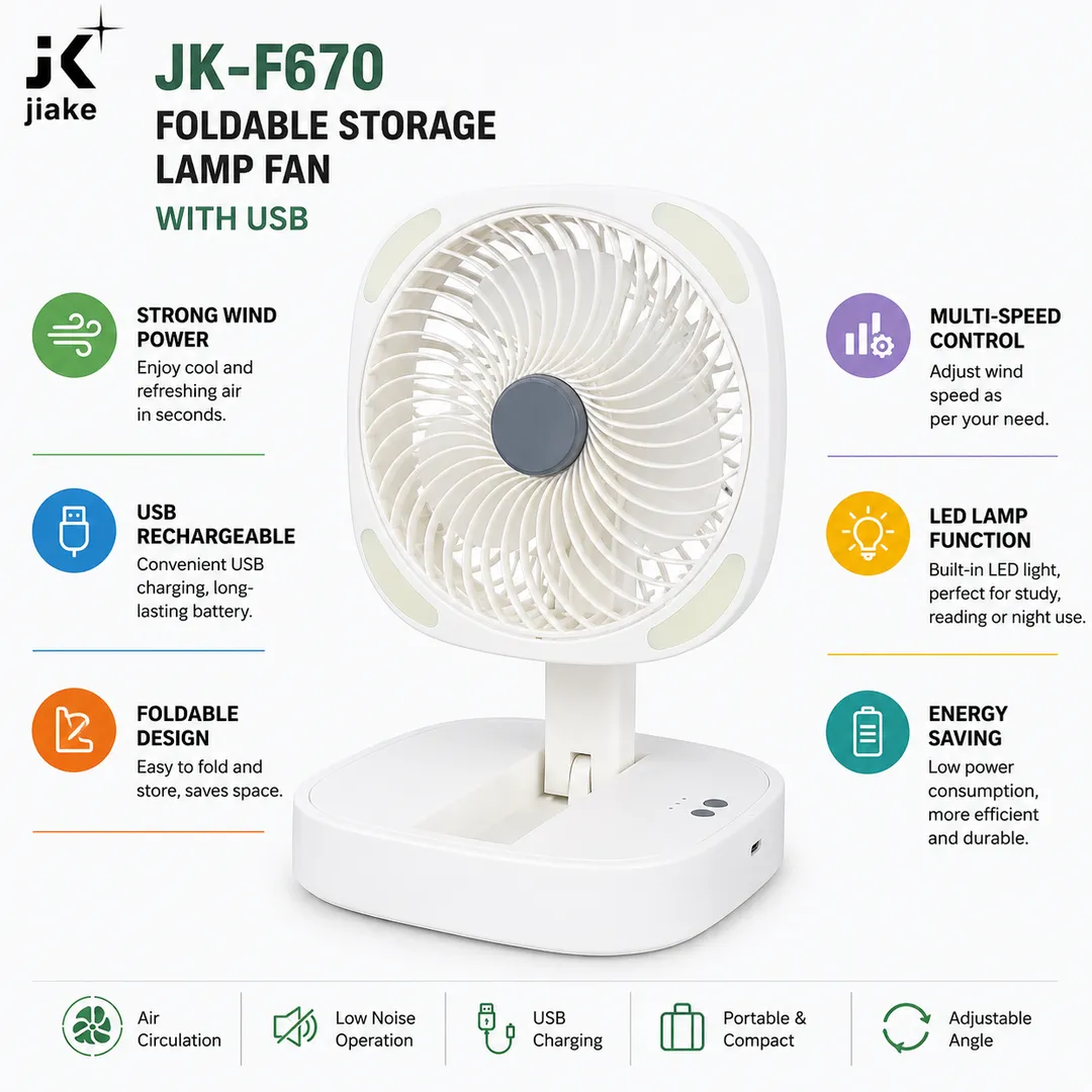Rechargeable Foldable Storage Fan with LED Light – USB Charging Portable Desk Fan 3 Speed Adjustable