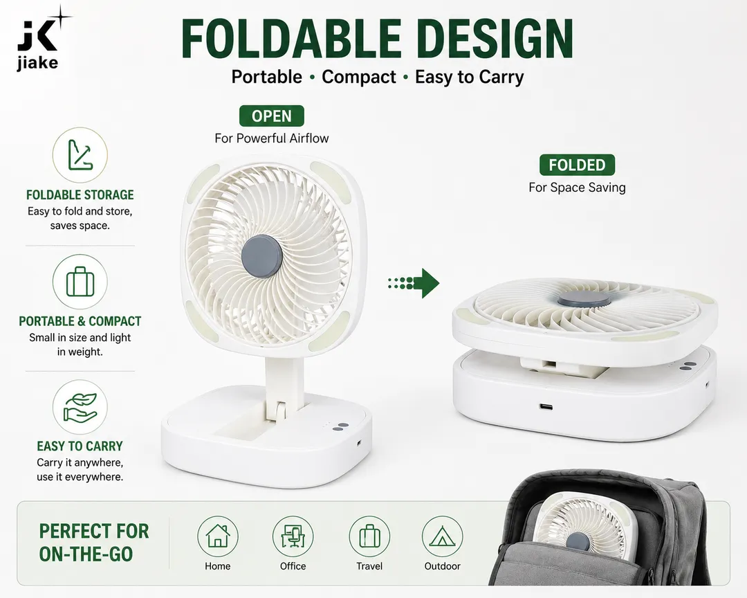 Rechargeable Foldable Storage Fan with LED Light – USB Charging Portable Desk Fan 3 Speed Adjustable