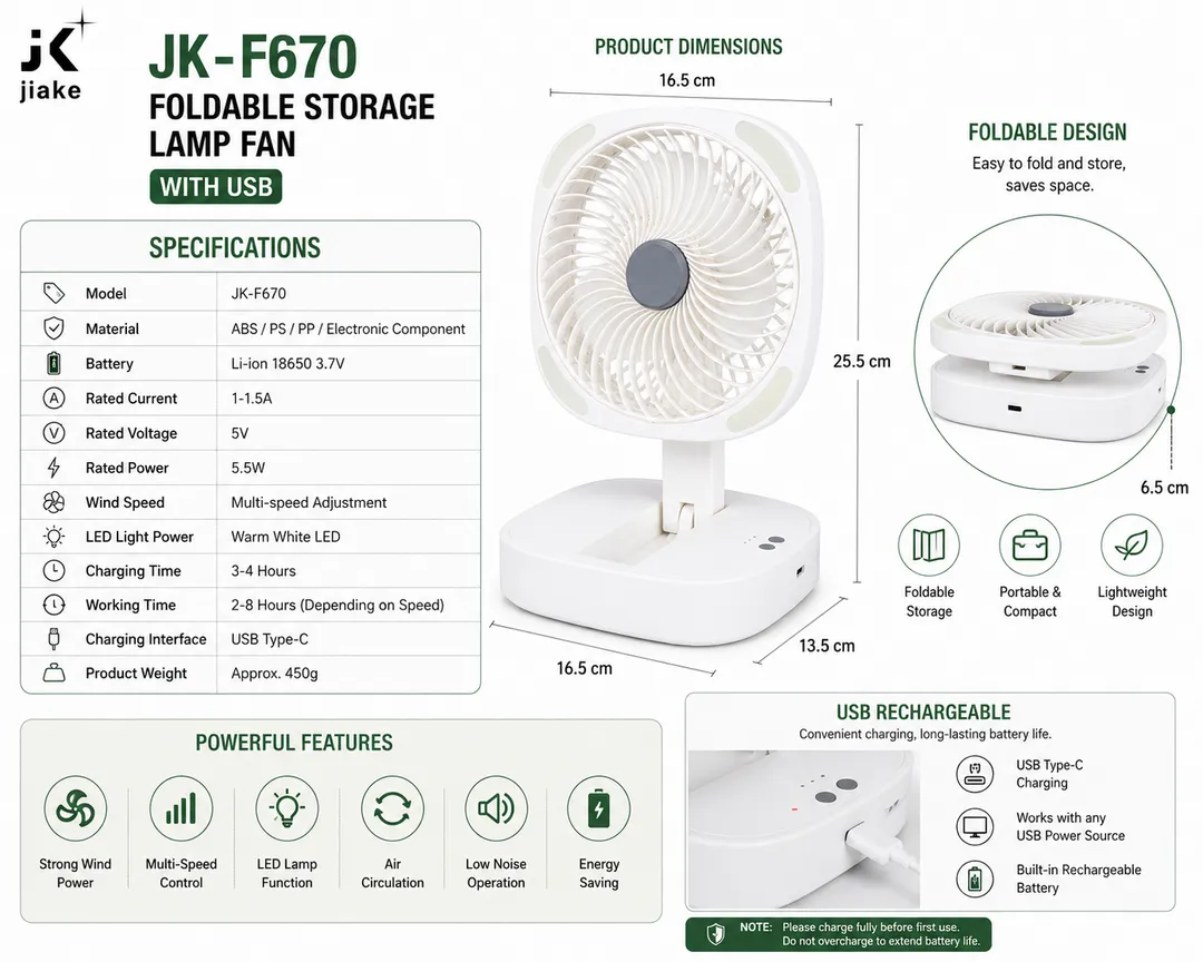 Rechargeable Foldable Storage Fan with LED Light – USB Charging Portable Desk Fan 3 Speed Adjustable