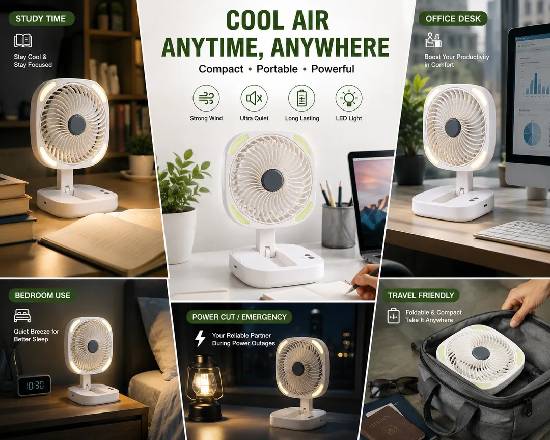 Rechargeable Foldable Storage Fan with LED Light – USB Charging Portable Desk Fan 3 Speed Adjustable