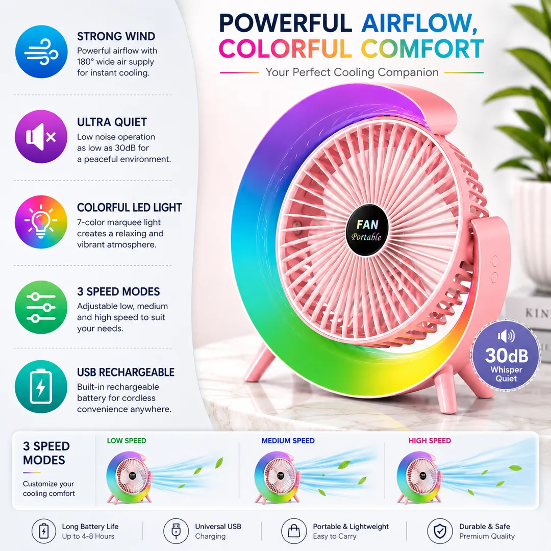 RGB LED Rechargeable Desktop Fan Portable USB Cooling Fan with 3 Speed Modes, 180° Adjustable Angle & Quiet Operation