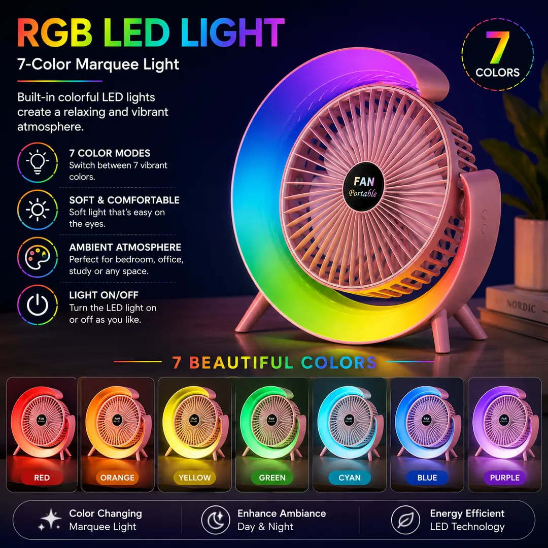 RGB LED Rechargeable Desktop Fan Portable USB Cooling Fan with 3 Speed Modes, 180° Adjustable Angle & Quiet Operation