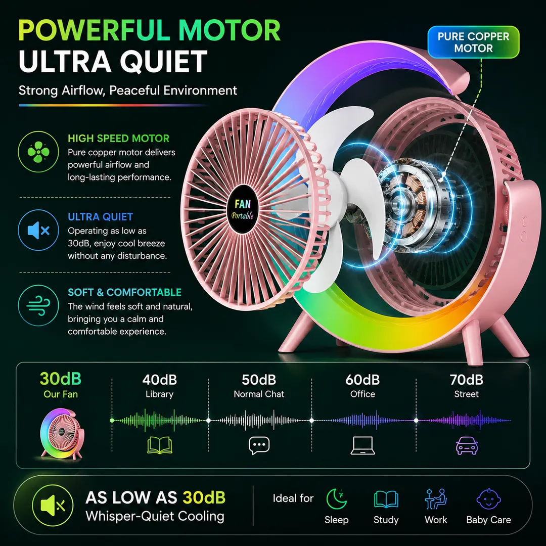 RGB LED Rechargeable Desktop Fan Portable USB Cooling Fan with 3 Speed Modes, 180° Adjustable Angle & Quiet Operation