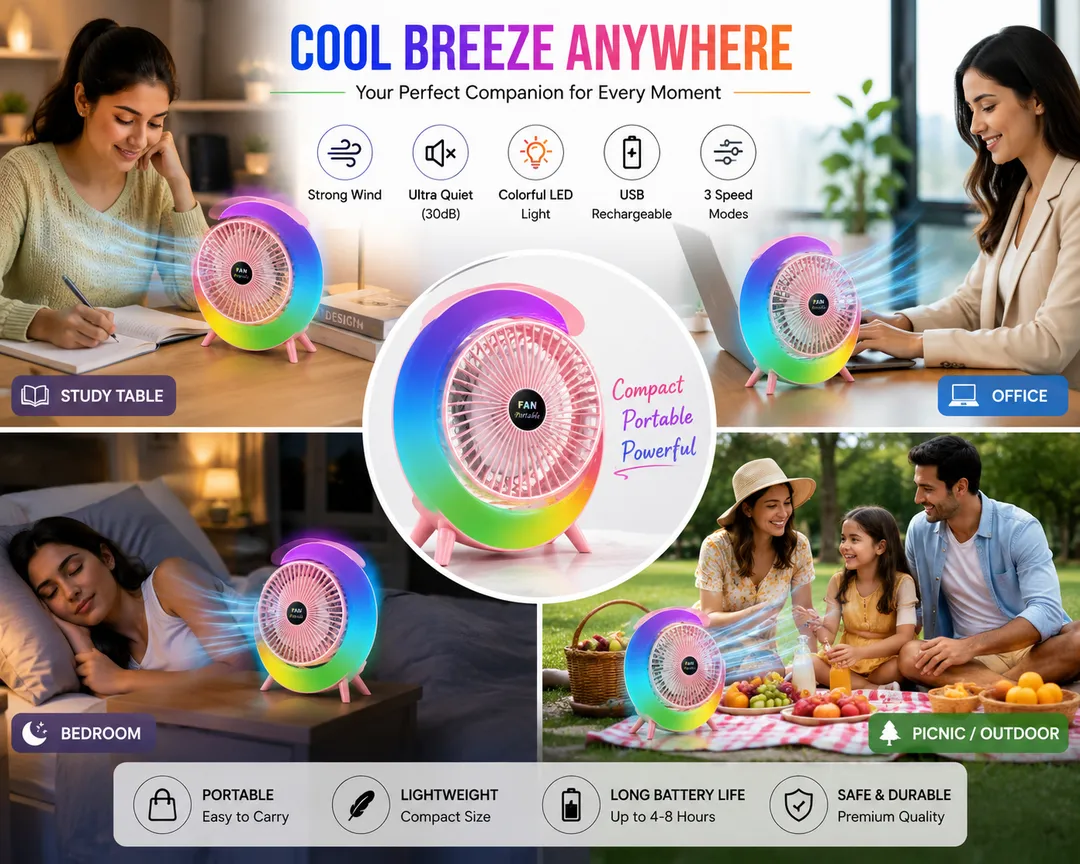 RGB LED Rechargeable Desktop Fan Portable USB Cooling Fan with 3 Speed Modes, 180° Adjustable Angle & Quiet Operation