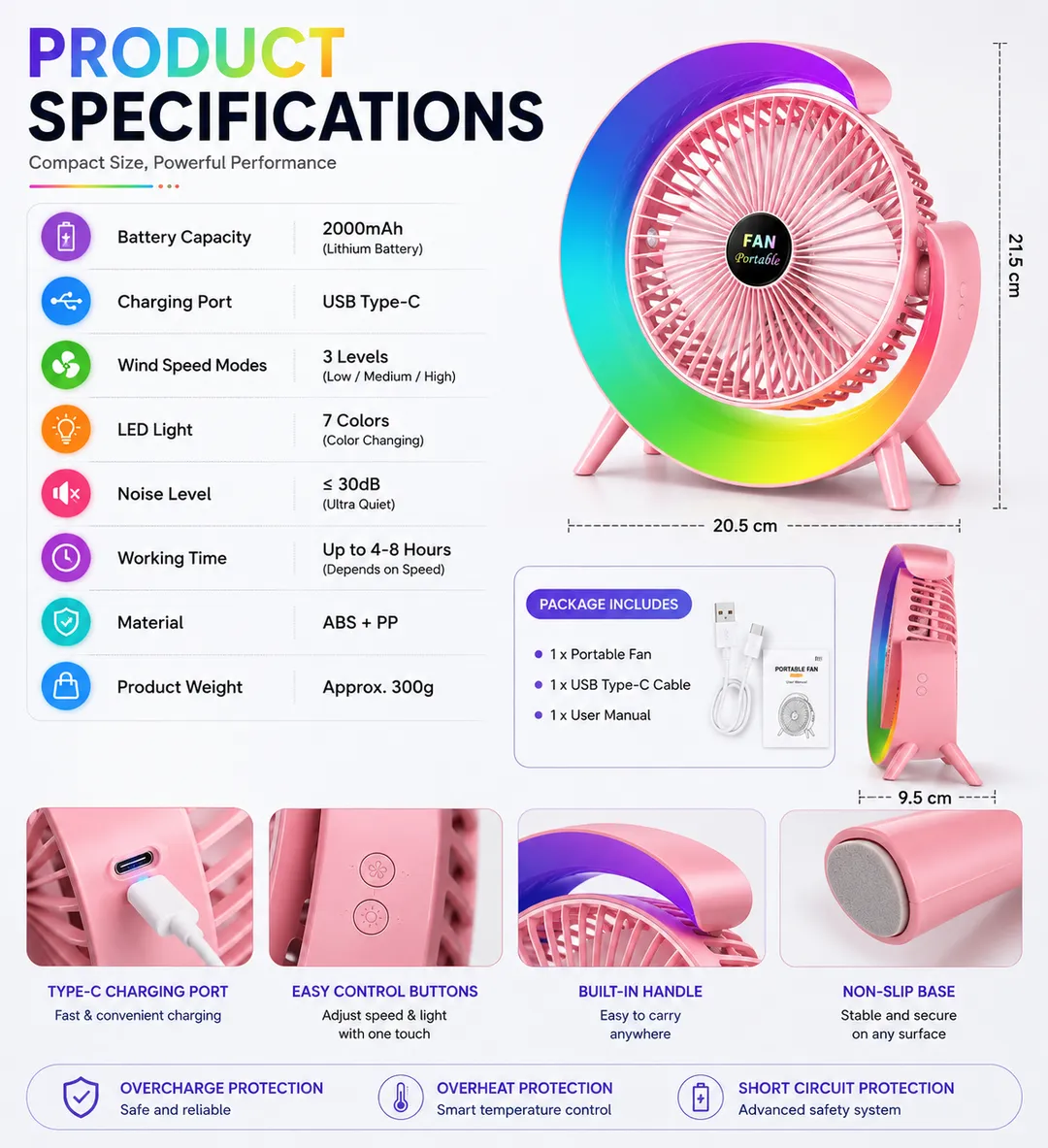 RGB LED Rechargeable Desktop Fan Portable USB Cooling Fan with 3 Speed Modes, 180° Adjustable Angle & Quiet Operation