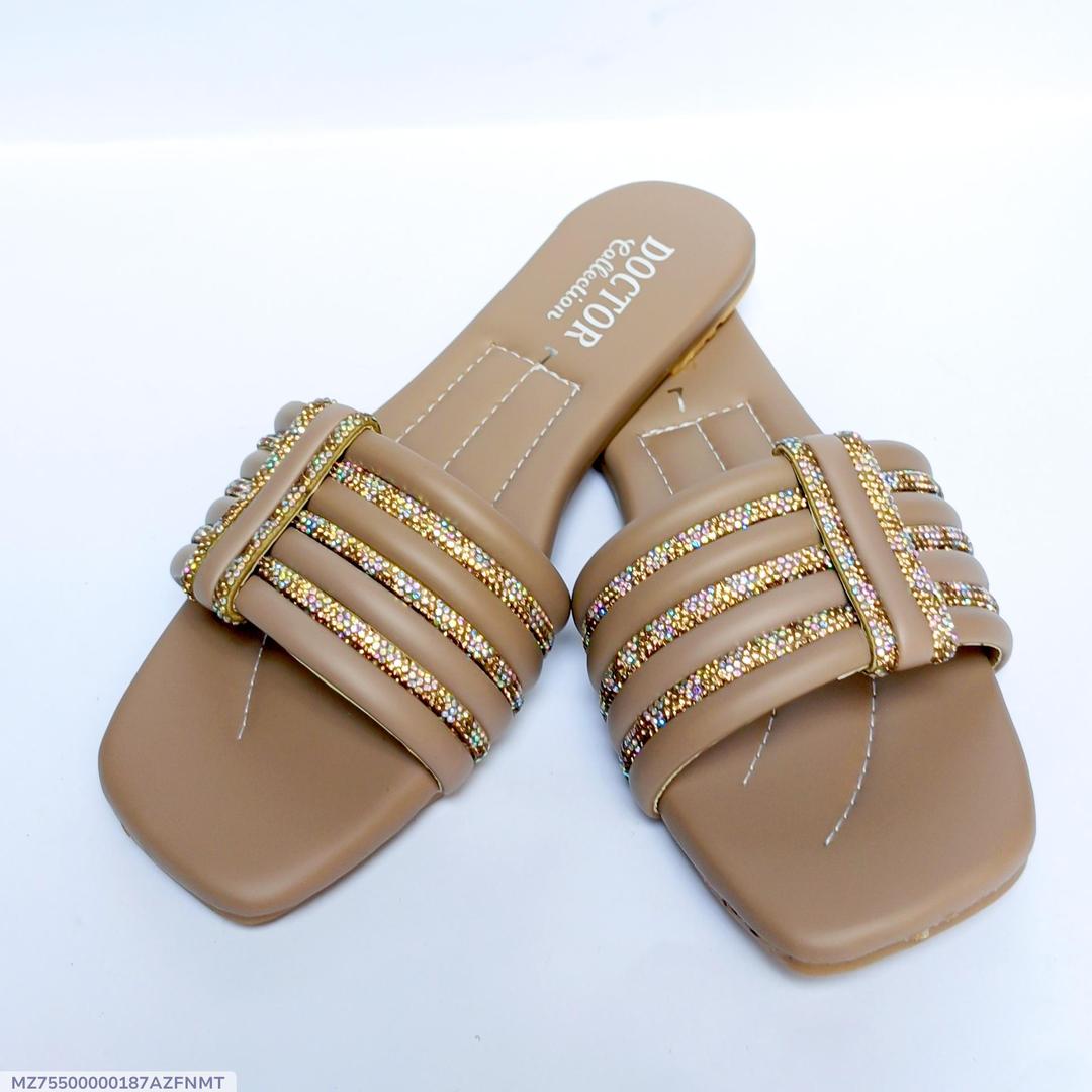 Women's Rexine Fancy Flat Shoes Brown Elegant Embroidered