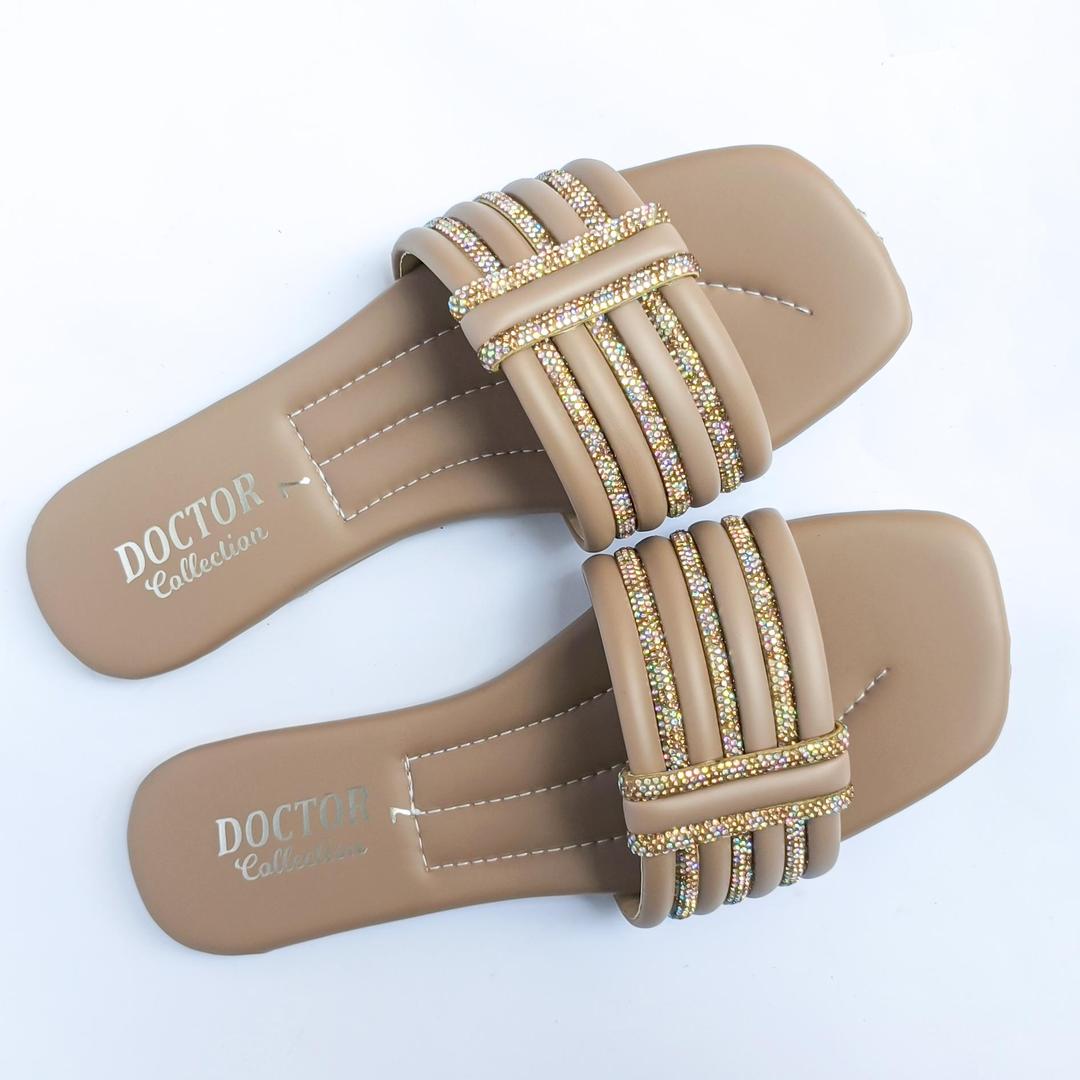 Women's Rexine Fancy Flat Shoes Brown Elegant Embroidered