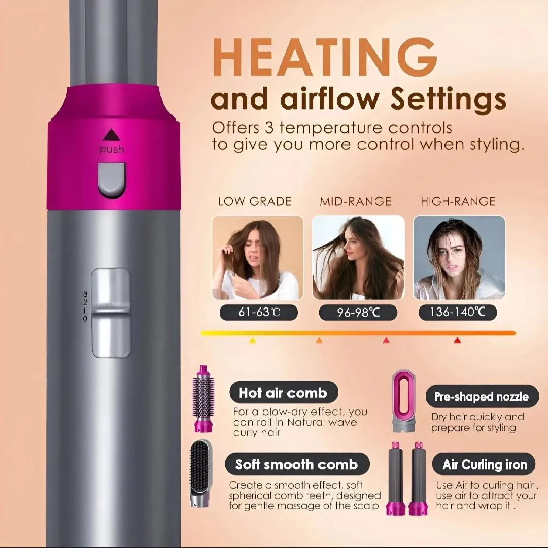 Hair Styling Brush & Curler with 5 Attachments Pink