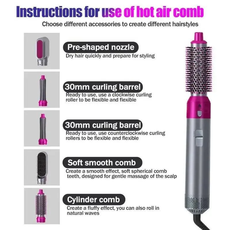 Hair Styling Brush & Curler with 5 Attachments Pink