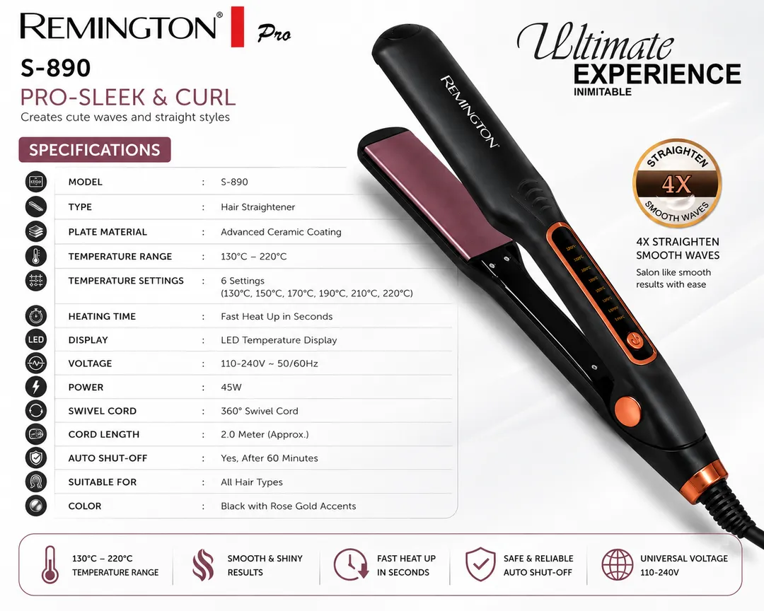 Remington Pro S-890 Hair Straightener & Curler Ceramic Coated Plates