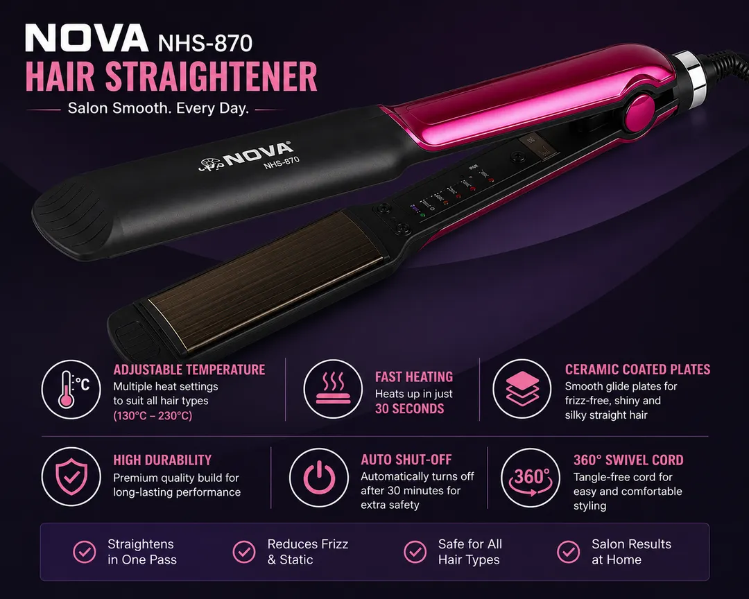 NOVA NHS-870 Professional Hair Straightener | Adjustable Temperature Control | Ceramic Coated Plates | Fast Heating Hair Styling Tool