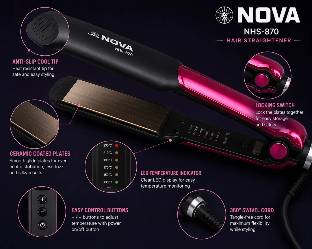 NOVA NHS-870 Professional Hair Straightener | Adjustable Temperature Control | Ceramic Coated Plates | Fast Heating Hair Styling Tool