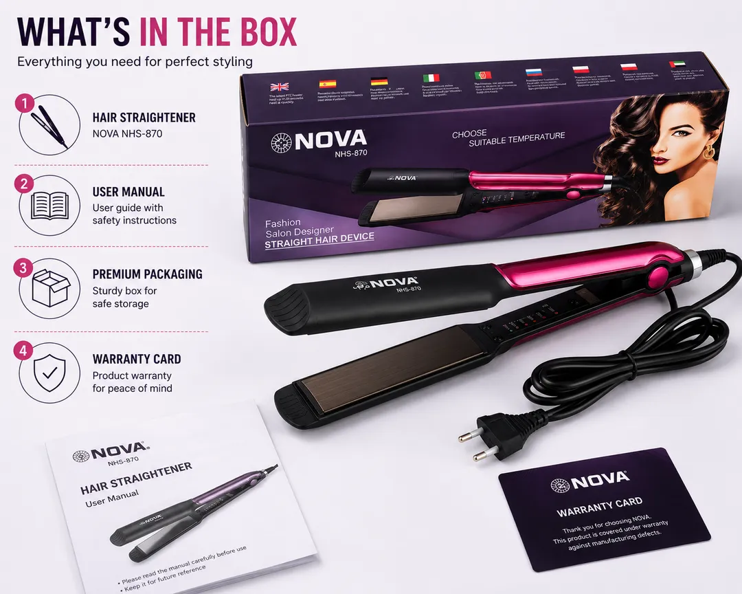 NOVA NHS-870 Professional Hair Straightener | Adjustable Temperature Control | Ceramic Coated Plates | Fast Heating Hair Styling Tool