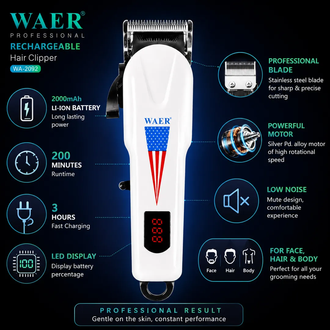 WAER WA-2092 Professional Rechargeable Hair Clipper with LED Display