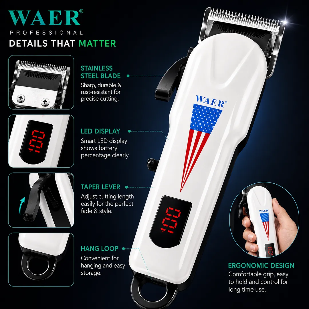 WAER WA-2092 Professional Rechargeable Hair Clipper with LED Display