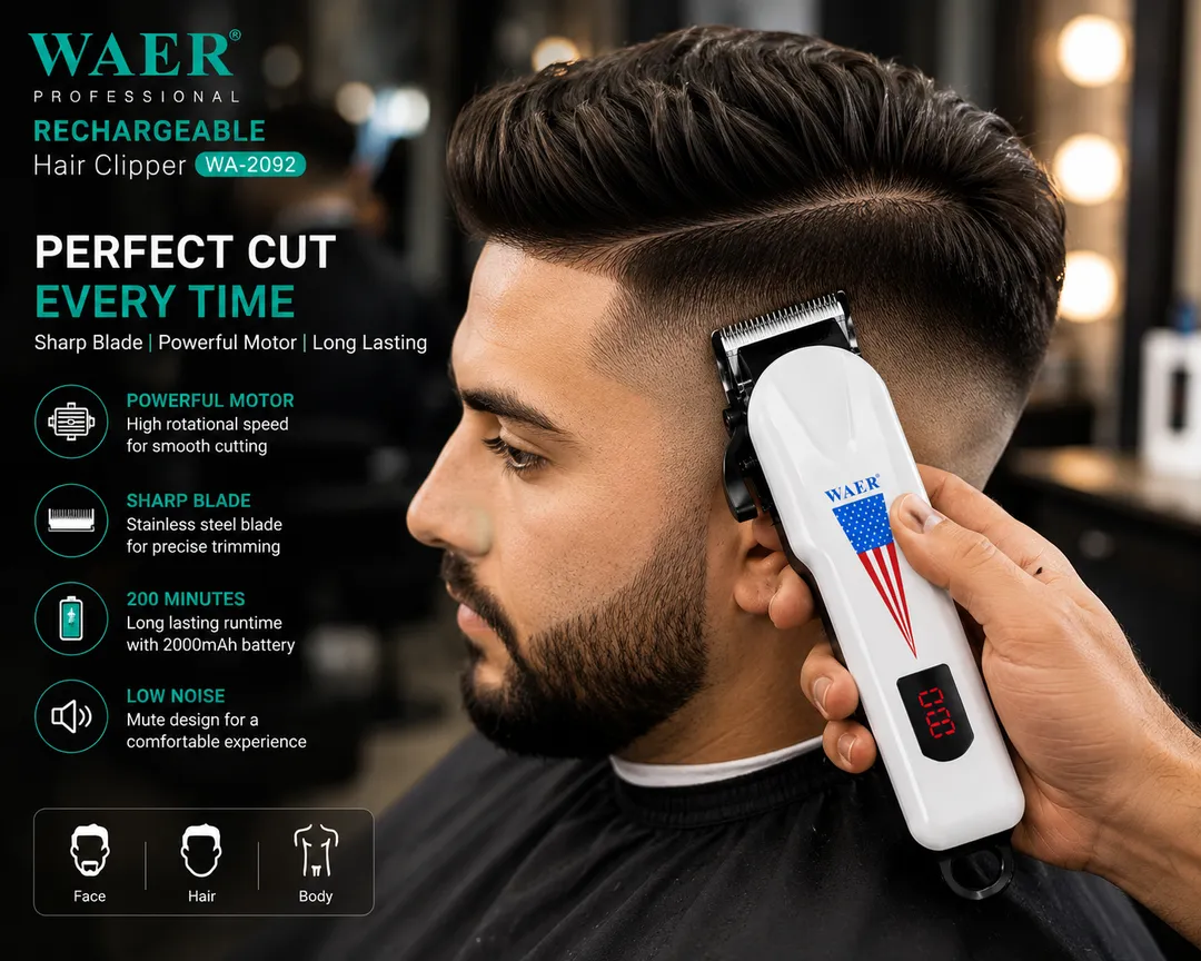 WAER WA-2092 Professional Rechargeable Hair Clipper with LED Display