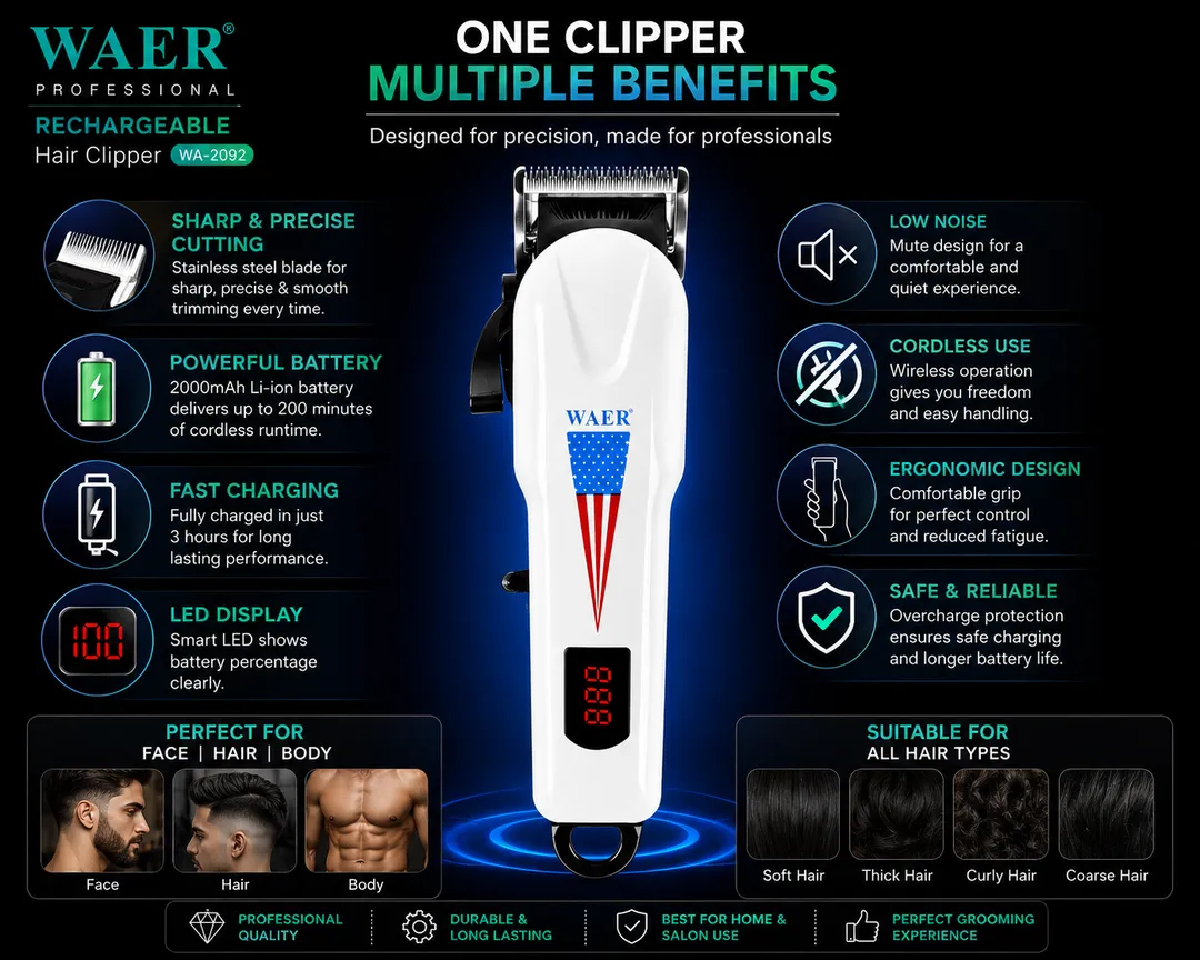 WAER WA-2092 Professional Rechargeable Hair Clipper with LED Display