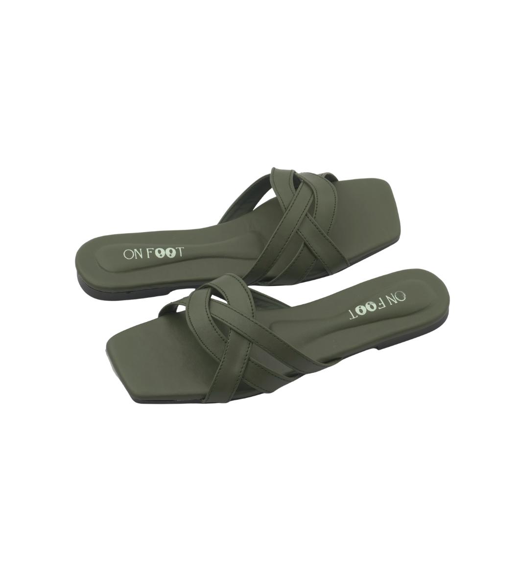 Green Rexine Crisscross Slides for Women