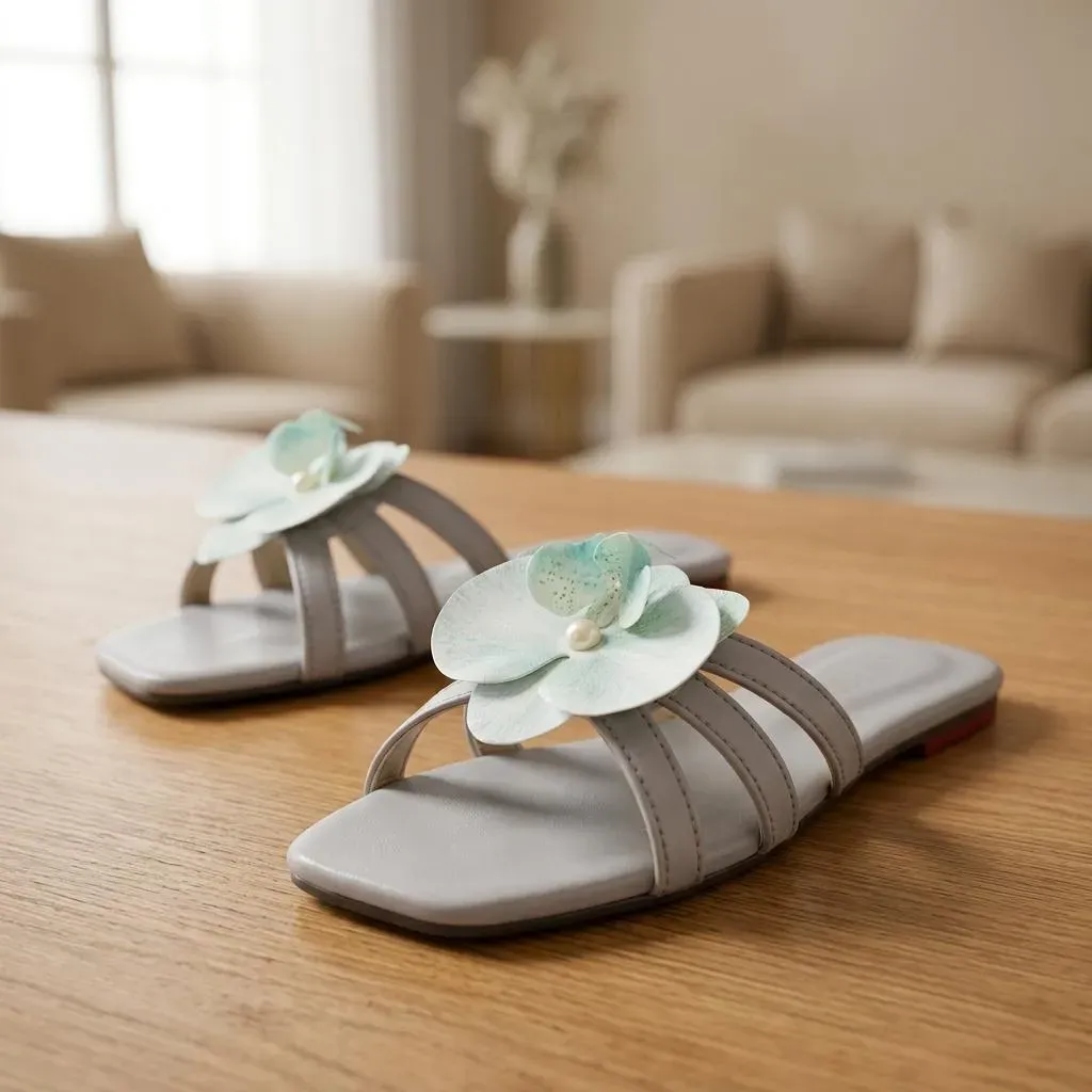 Women's Floral Olive Slip On Grey Heels 063