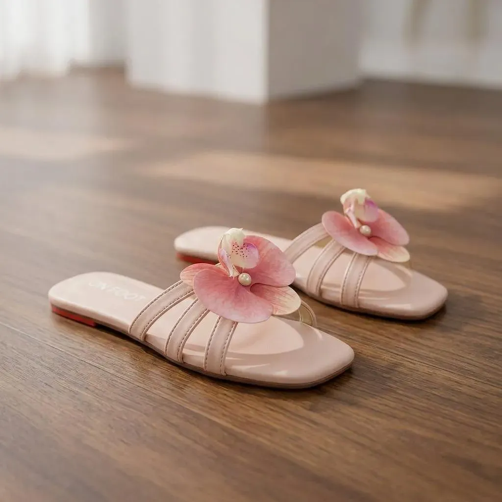 Pink Floral Olive Slip On Sandals for Women