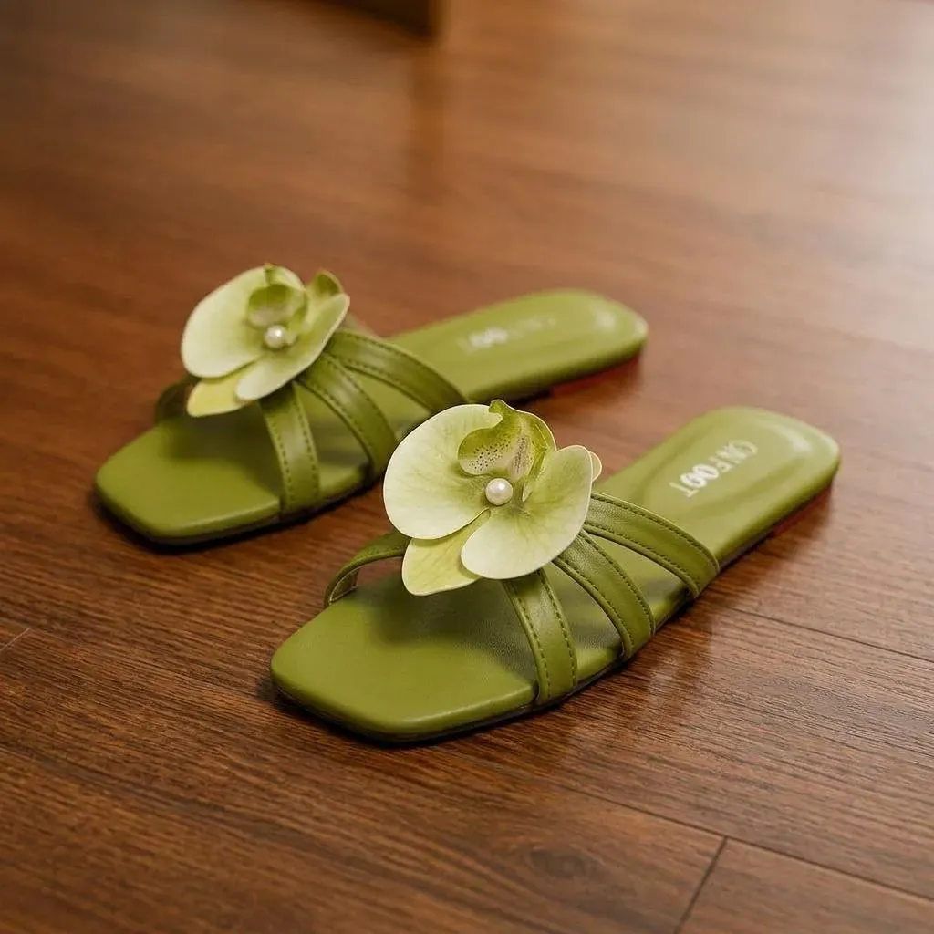 Green Floral Olive Slip On Sandals for Women