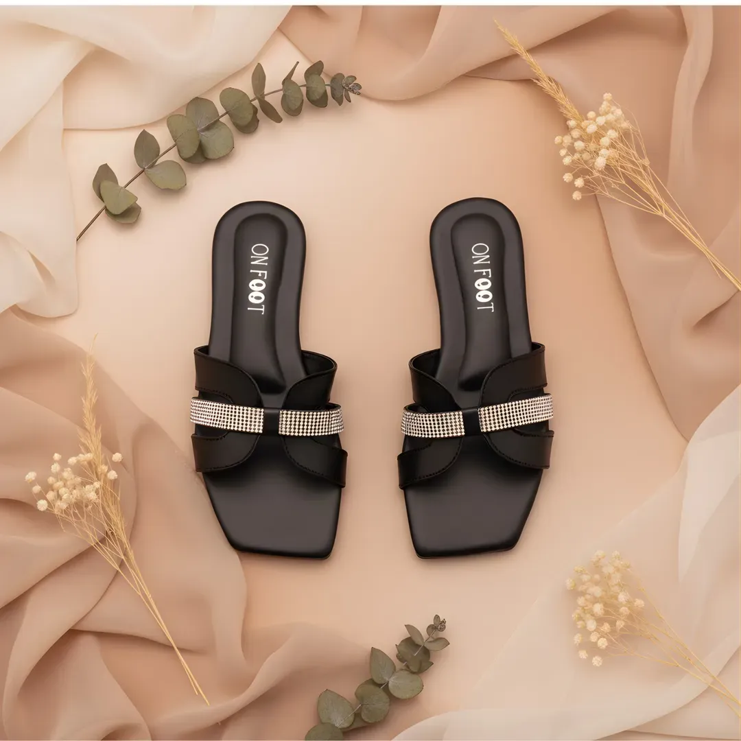 Black Crystal Glide Sandals for Women