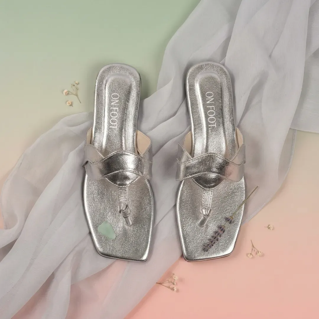 Silver Cross Toe Flat Sandals for Women