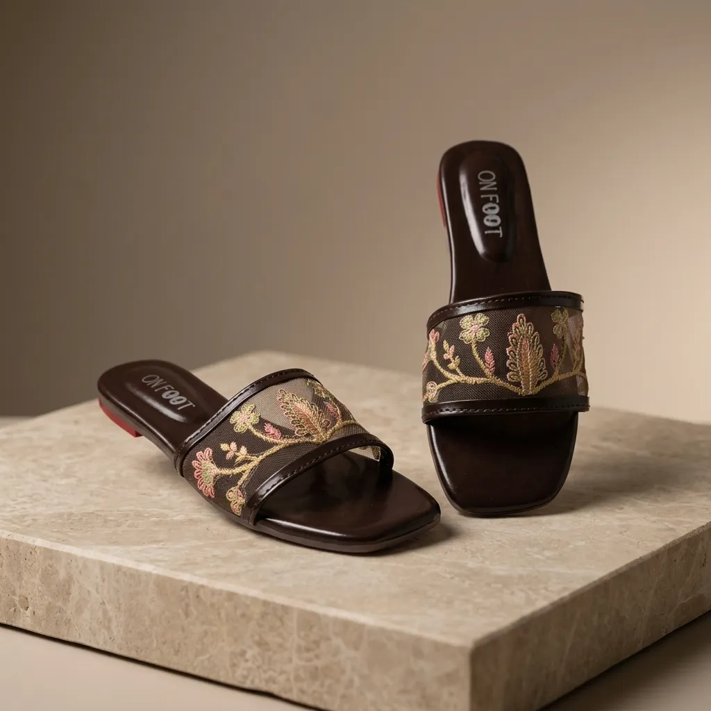 Women's Embroidered Brown Slides Casual Formal Wear