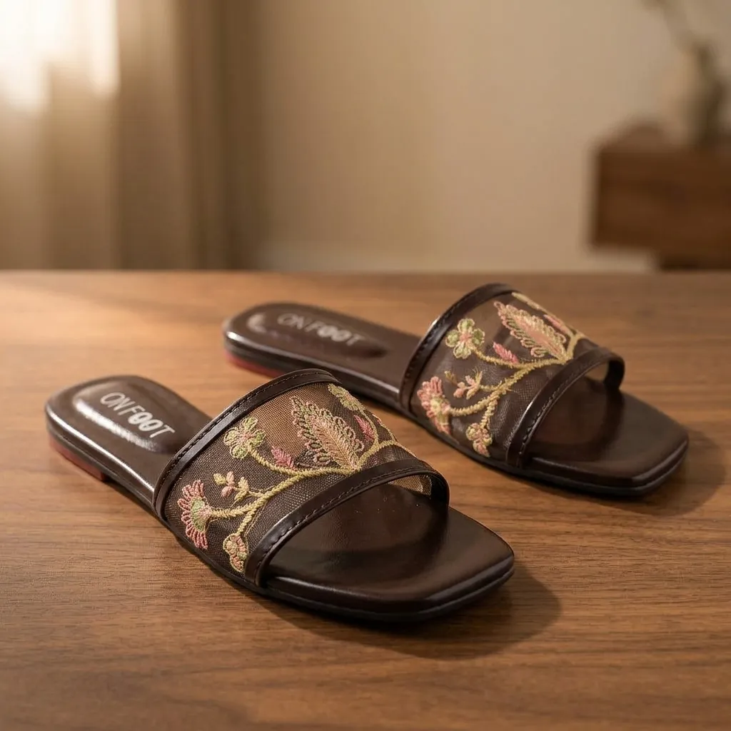 Women's Embroidered Brown Slides Casual Formal Wear