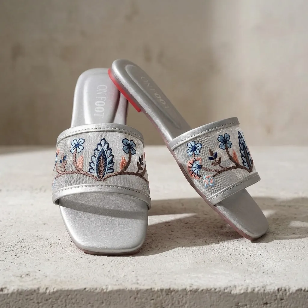 Celeste Embroidered Silver Sliders Women's Casual Formal Wear