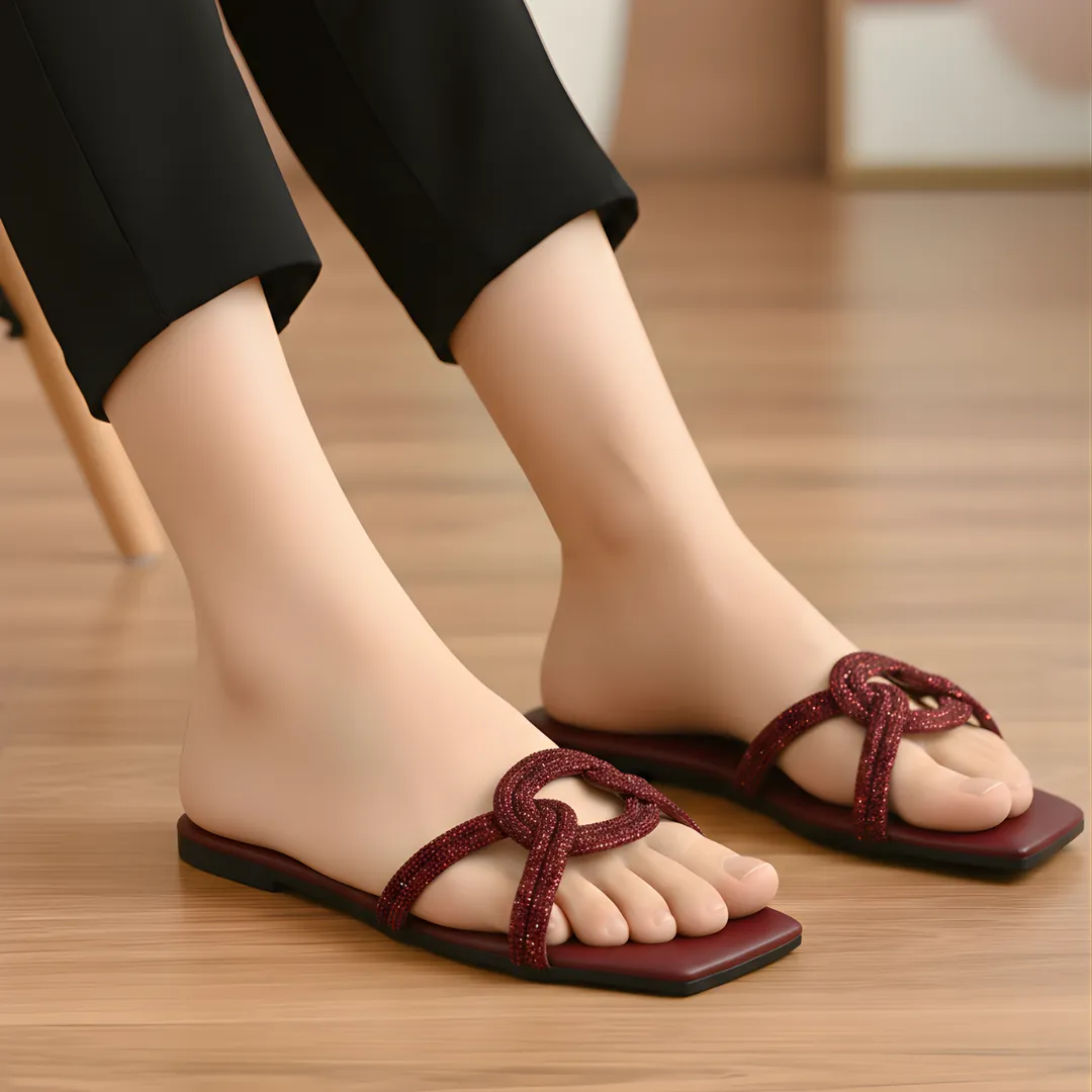 Maroon Grace Knot Women's Flat Sandals Size 36-41