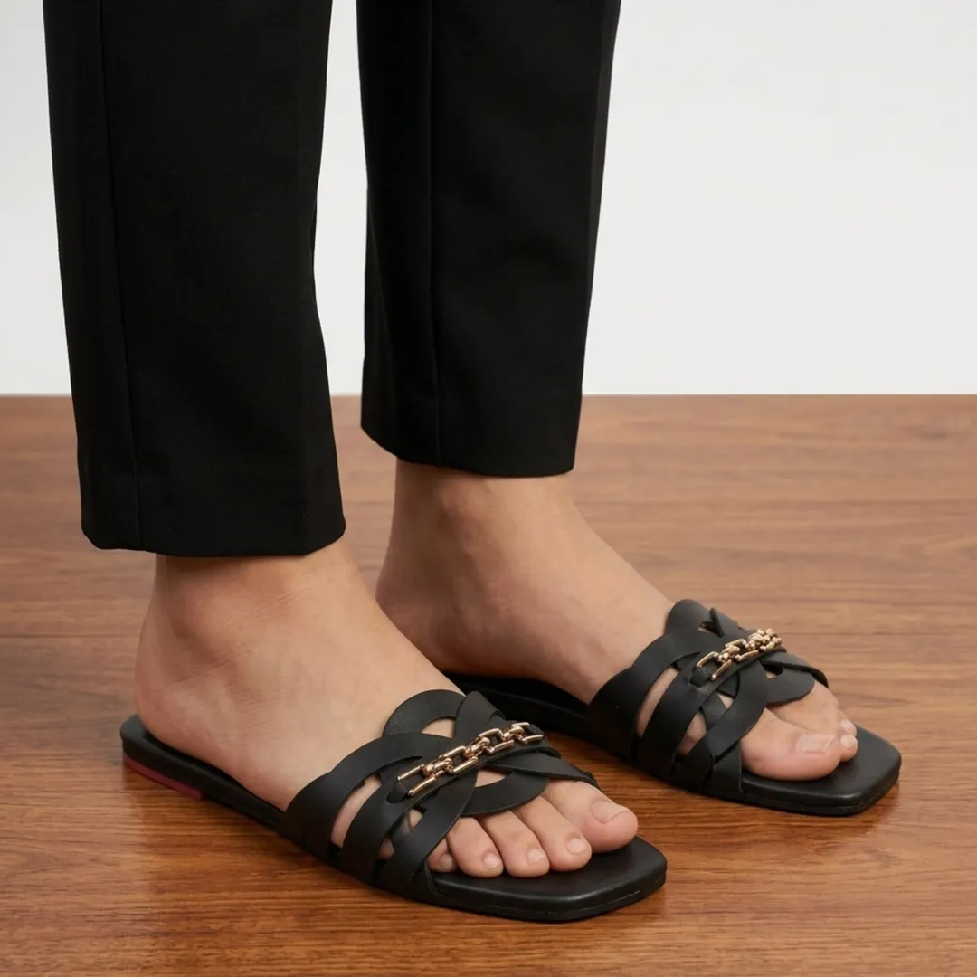 Women's Black Rexine Cross Slides with Rhinestone Chain