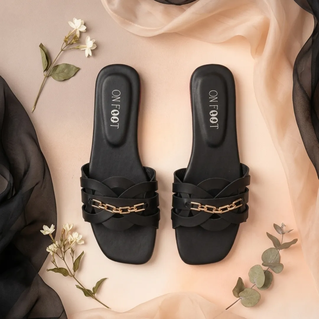 Women's Black Rexine Cross Slides with Rhinestone Chain