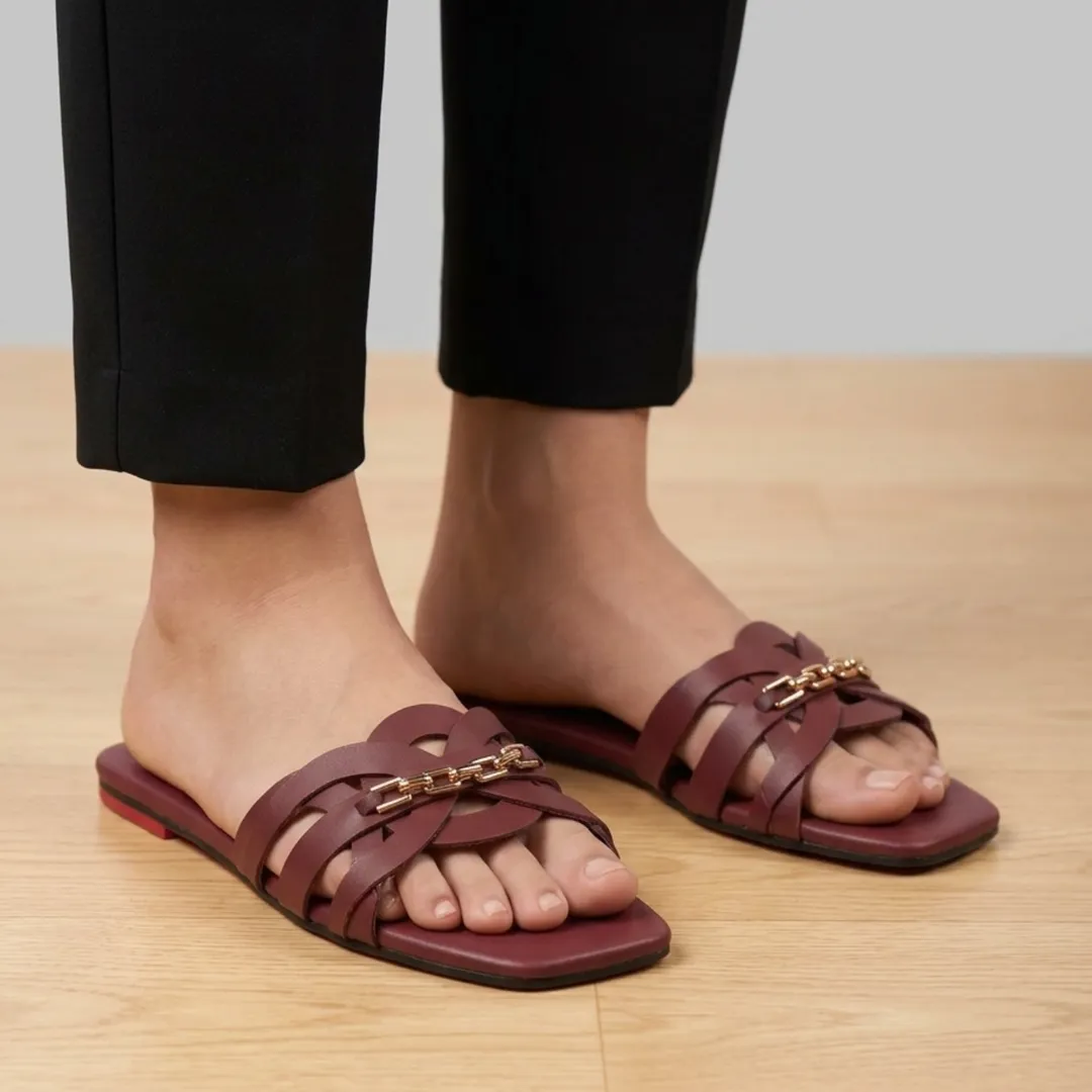 Maroon Ruby Chain Cross Slides for Women