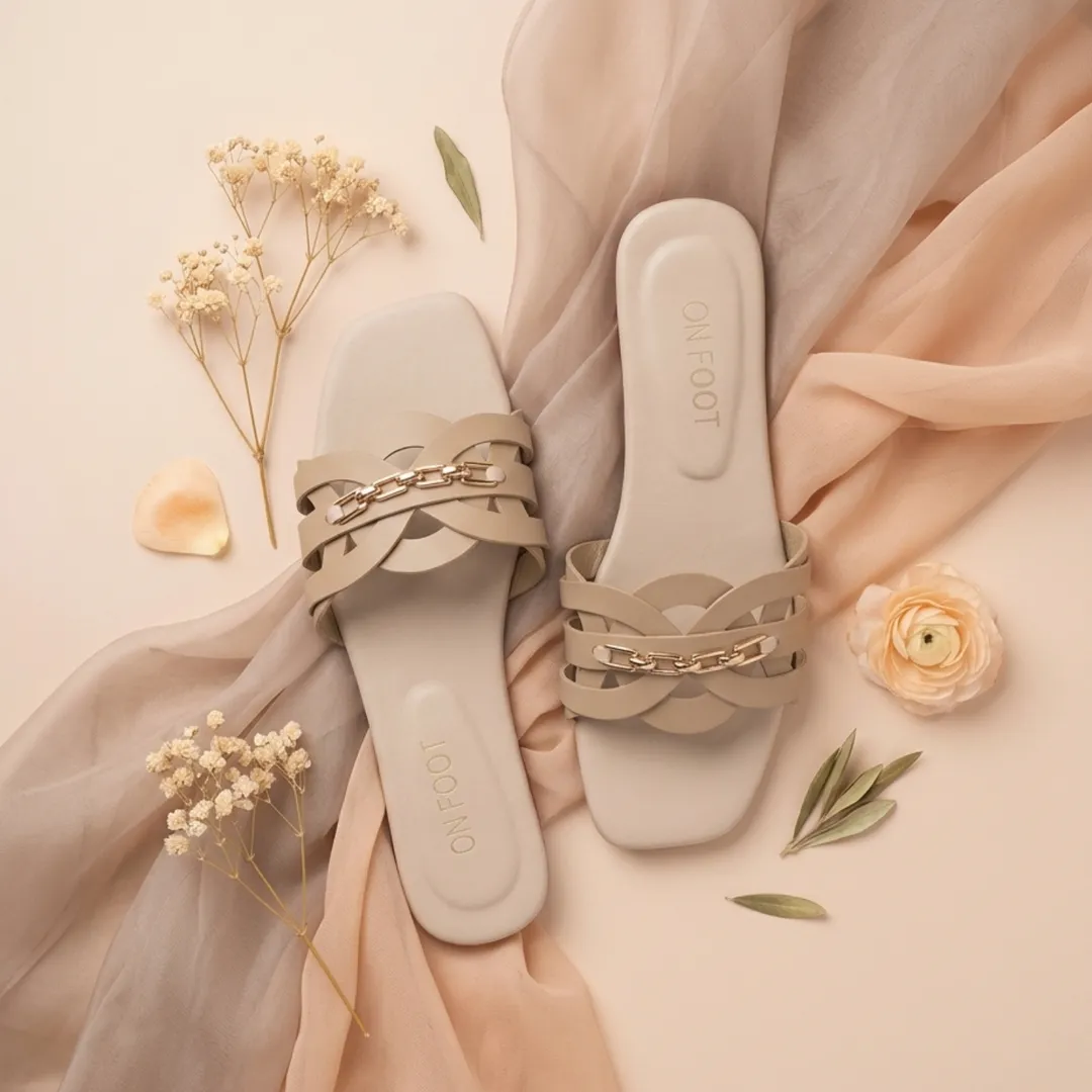 Women's Beige Rexine Cross Slides with Rhinestone Chain